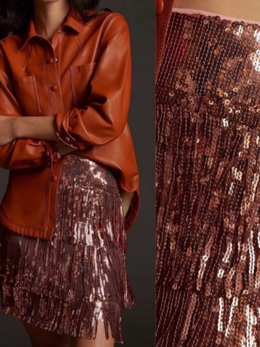 Maeve by Anthropologie Copper Rose Gold Sequin Fringe Mini Skirt Size 14 Boho